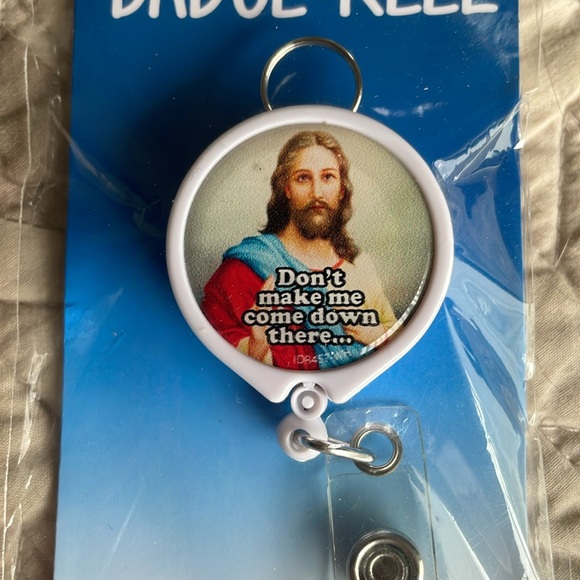 Funny NWT Jesus Christian “Don’t Make Me Come Down There” Badge Holder - Picture 2 of 3